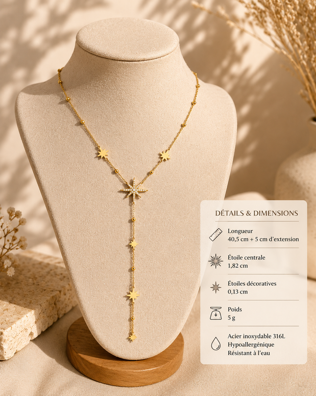 Collier Y Étoile Polaire en Acier Inoxydable 316L – Résistant à l’eau – Doré ou Argenté