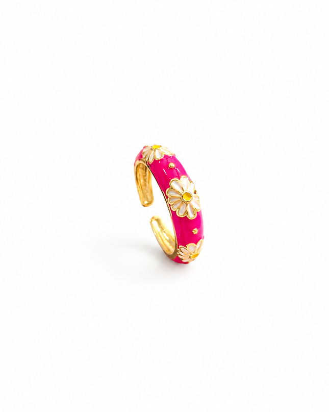 Bague Ajustable Fleur Marguerite Émaillée – Acier Doré Style Bohème Chic – 6 Coloris