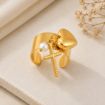 Bague Ajustable Dorée Charms Marins – Acier Inoxydable 18K | Étoile de Mer, Cœur, Hippocampe, Coquillage & Croix