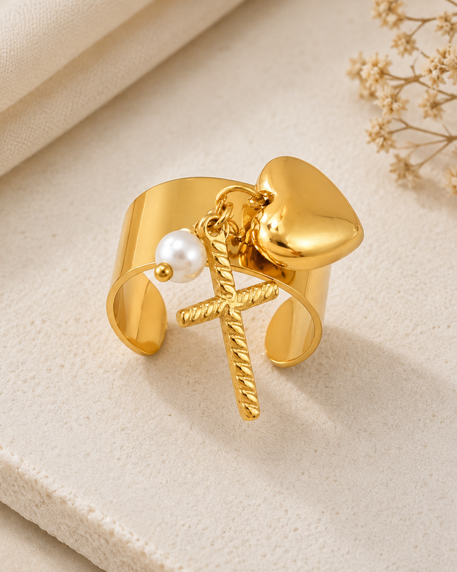 Bague Ajustable Dorée Charms Marins – Acier Inoxydable 18K | Étoile de Mer, Cœur, Hippocampe, Coquillage & Croix