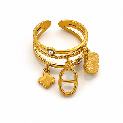 Bague Ajustable Acier Inoxydable Dorée 18K – Triple Anneaux avec Breloques Trèfle & Pendentifs Élégants