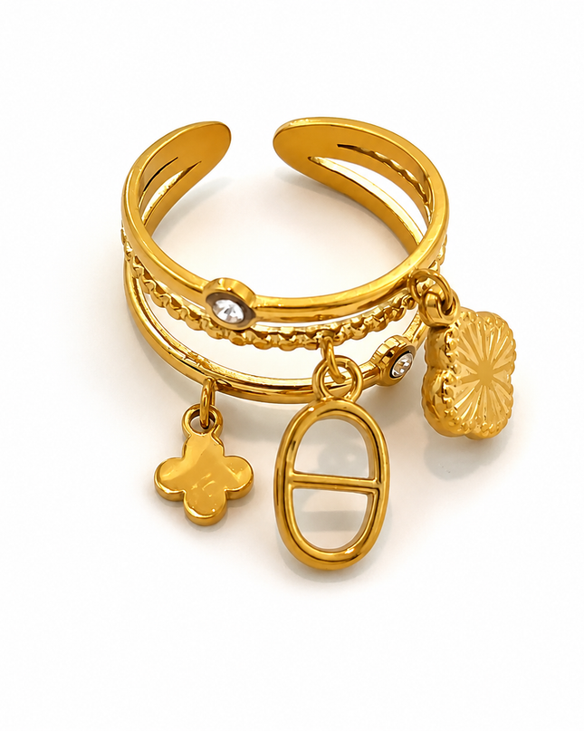 Bague Ajustable Acier Inoxydable Dorée 18K – Triple Anneaux avec Breloques Trèfle & Pendentifs Élégants