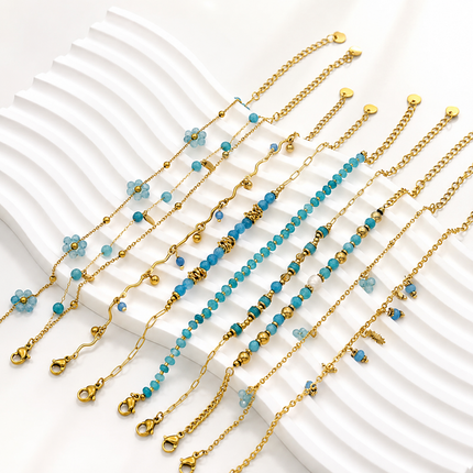 Bracelets Bohème Chic – Acier Inoxydable Doré & Perles Bleues | Style Plage Été Femme