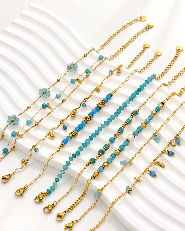 Bracelets Bohème Chic – Acier Inoxydable Doré & Perles Bleues | Style Plage Été Femme