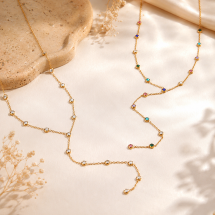 Collier Y Multicolore en Acier Inoxydable – Chaîne Fine à Zircons Colorés – Bijou Femme Élégant