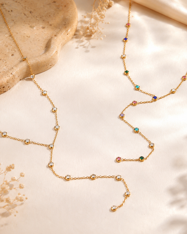 Collier Y Multicolore en Acier Inoxydable – Chaîne Fine à Zircons Colorés – Bijou Femme Élégant