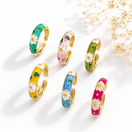 Bague Ajustable Fleur Marguerite Émaillée – Acier Doré Style Bohème Chic – 6 Coloris