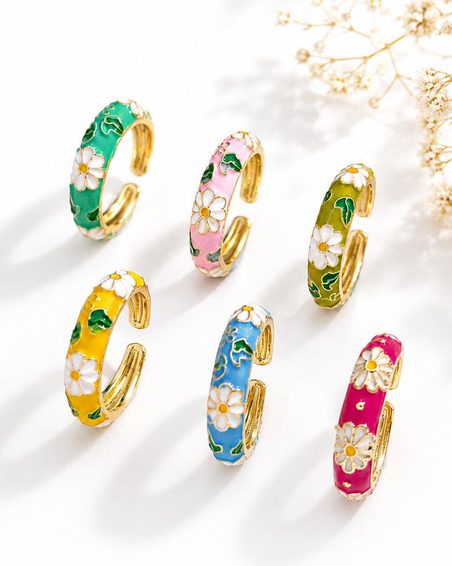 Bague Ajustable Fleur Marguerite Émaillée – Acier Doré Style Bohème Chic – 6 Coloris