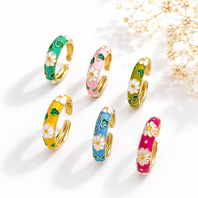 Bague Ajustable Fleur Marguerite Émaillée – Acier Doré Style Bohème Chic – 6 Coloris