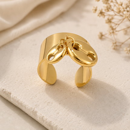 Bague Ajustable Dorée Charms Marins – Acier Inoxydable 18K | Étoile de Mer, Cœur, Hippocampe, Coquillage & Croix