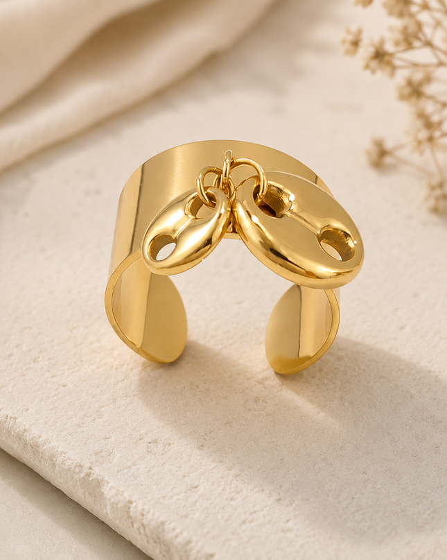 Bague Ajustable Dorée Charms Marins – Acier Inoxydable 18K | Étoile de Mer, Cœur, Hippocampe, Coquillage & Croix