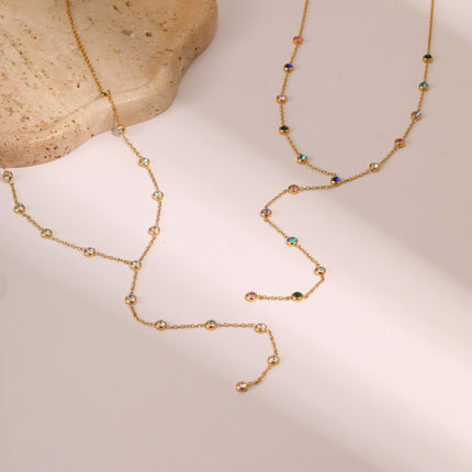 Collier Y Long Doré à Zircons Multicolores – Effet Cascade Élégant & Tendance