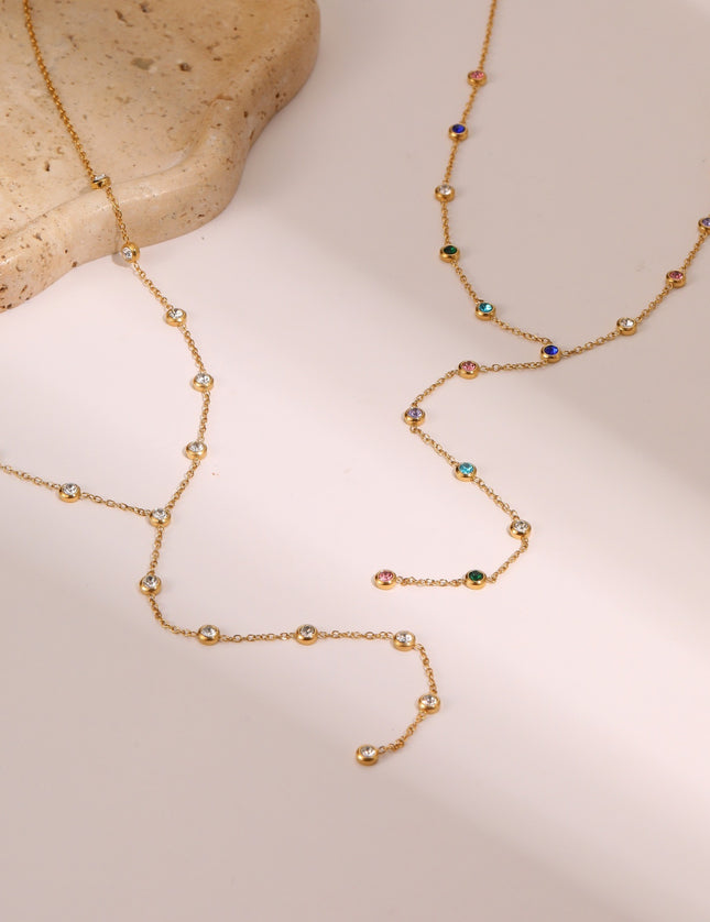 Collier Y Long Doré à Zircons Multicolores – Effet Cascade Élégant & Tendance