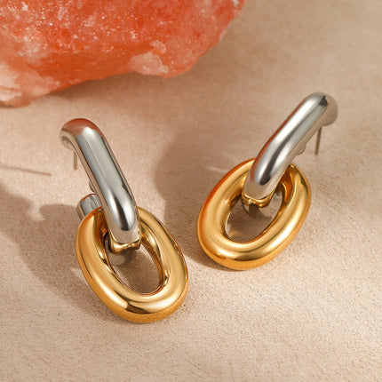 Boucles d’oreilles maillons bicolores vintage en acier inoxydable – Design asymétrique chic