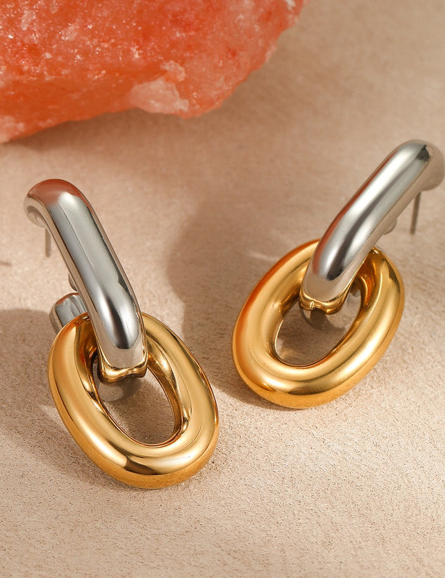 Boucles d’oreilles maillons bicolores vintage en acier inoxydable – Design asymétrique chic