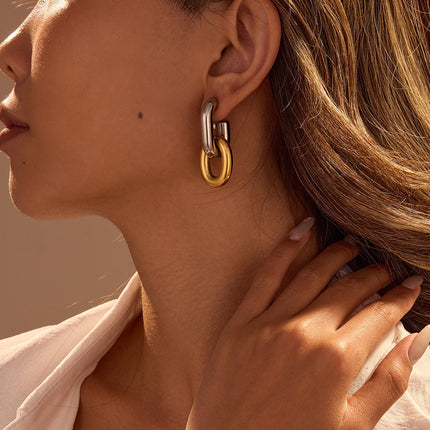 Boucles d’oreilles maillons bicolores vintage en acier inoxydable – Design asymétrique chic