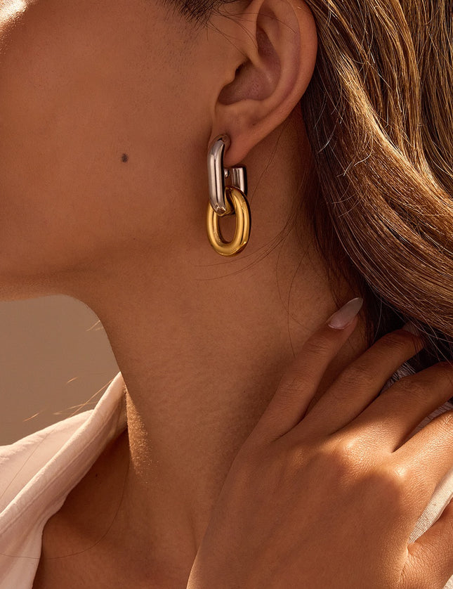Boucles d’oreilles maillons bicolores vintage en acier inoxydable – Design asymétrique chic
