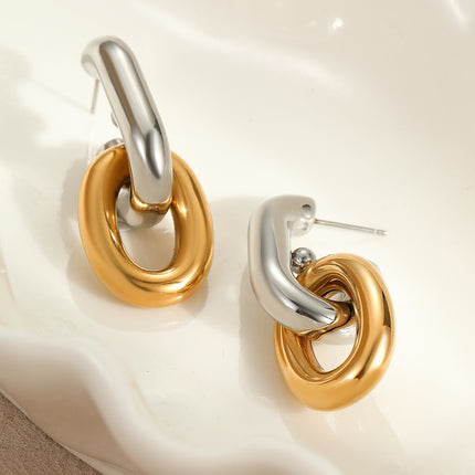 Boucles d’oreilles maillons bicolores vintage en acier inoxydable – Design asymétrique chic