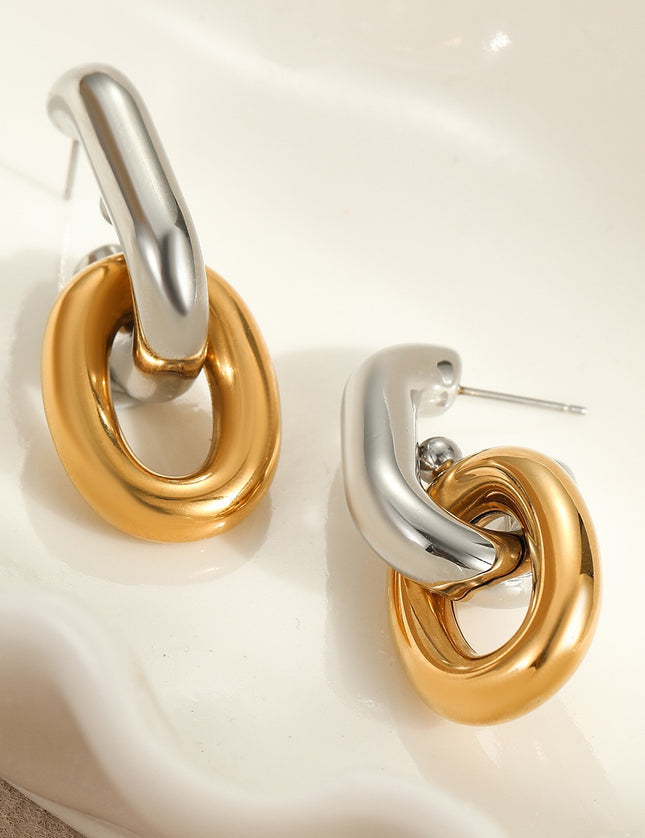 Boucles d’oreilles maillons bicolores vintage en acier inoxydable – Design asymétrique chic