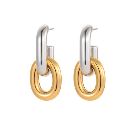 Boucles d’oreilles maillons bicolores vintage en acier inoxydable – Design asymétrique chic