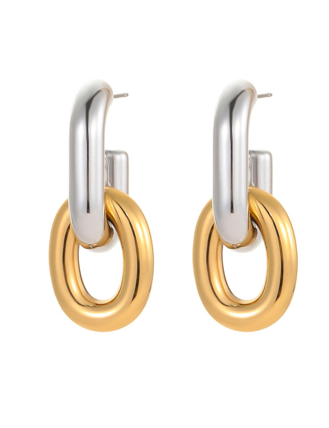 Boucles d’oreilles maillons bicolores vintage en acier inoxydable – Design asymétrique chic