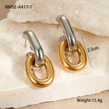 Boucles d’oreilles maillons bicolores vintage en acier inoxydable – Design asymétrique chic