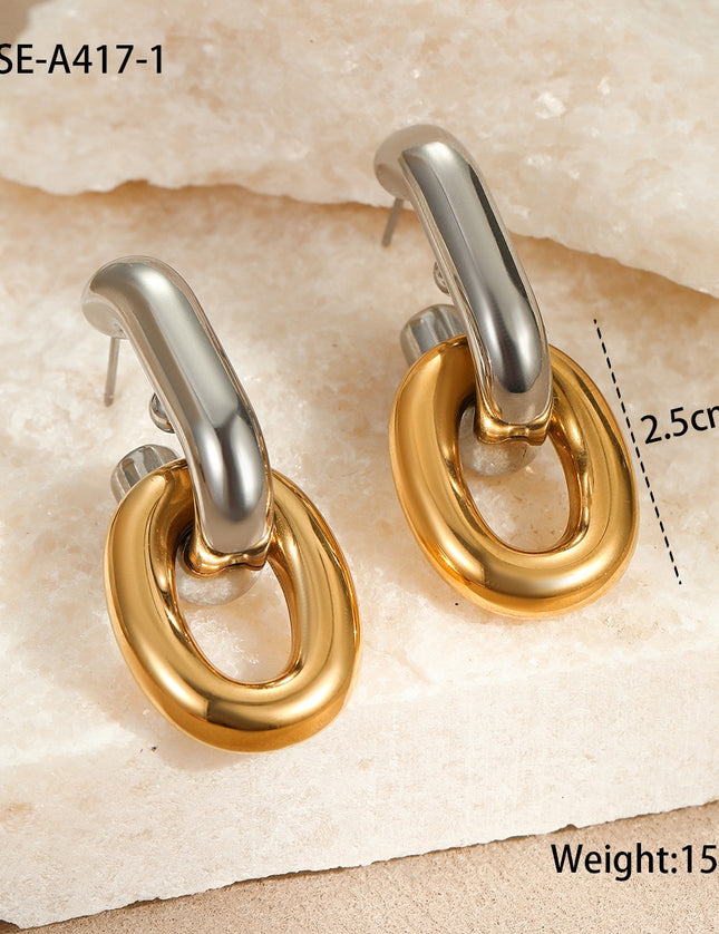 Boucles d’oreilles maillons bicolores vintage en acier inoxydable – Design asymétrique chic