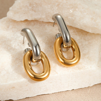 Boucles d’oreilles maillons bicolores vintage en acier inoxydable – Design asymétrique chic