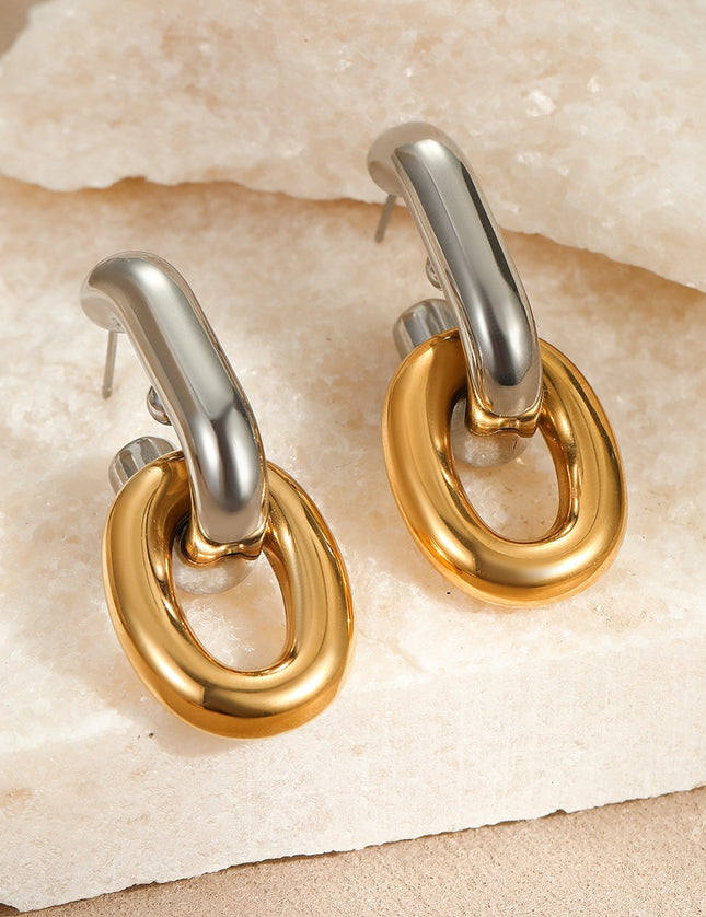 Boucles d’oreilles maillons bicolores vintage en acier inoxydable – Design asymétrique chic