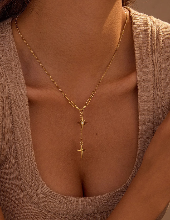 Collier Y Doré Étoile du Nord & Croix Pendante – Acier Inoxydable Zircon