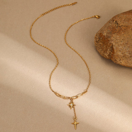 Collier Y Doré Étoile du Nord & Croix Pendante – Acier Inoxydable Zircon