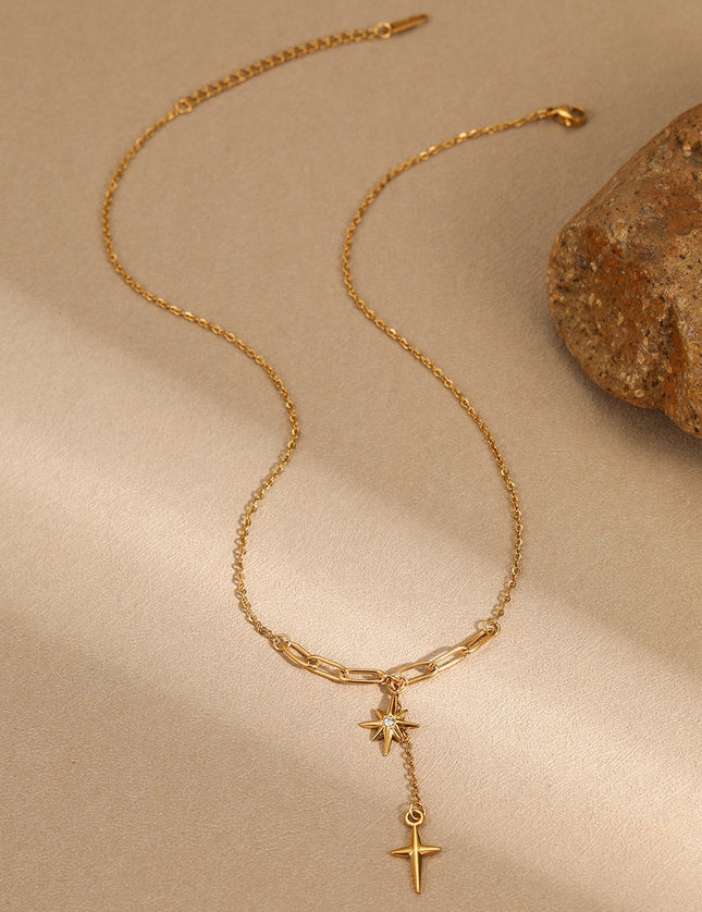 Collier Y Doré Étoile du Nord & Croix Pendante – Acier Inoxydable Zircon
