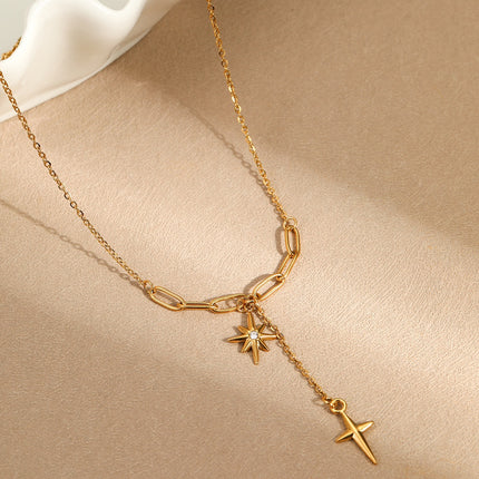 Collier Y Doré Étoile du Nord & Croix Pendante – Acier Inoxydable Zircon