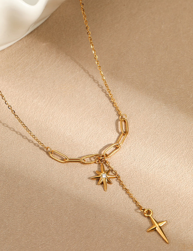 Collier Y Doré Étoile du Nord & Croix Pendante – Acier Inoxydable Zircon