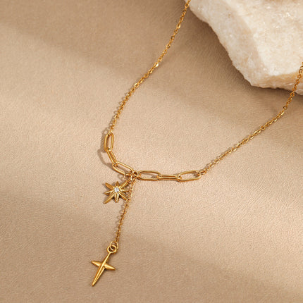 Collier Y Doré Étoile du Nord & Croix Pendante – Acier Inoxydable Zircon