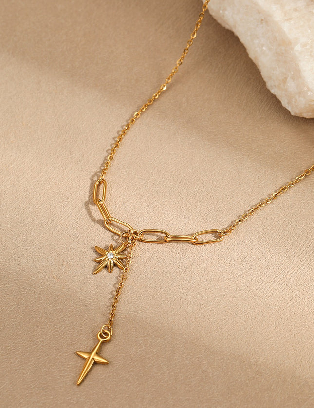 Collier Y Doré Étoile du Nord & Croix Pendante – Acier Inoxydable Zircon