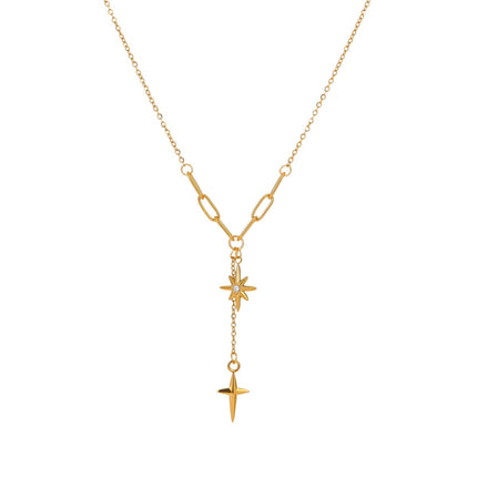 Collier Y Doré Étoile du Nord & Croix Pendante – Acier Inoxydable Zircon