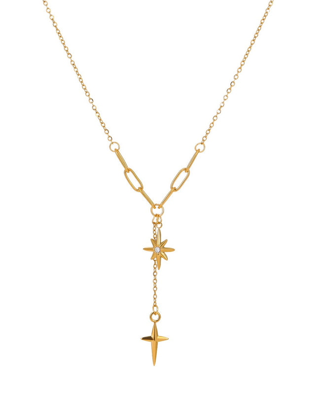Collier Y Doré Étoile du Nord & Croix Pendante – Acier Inoxydable Zircon