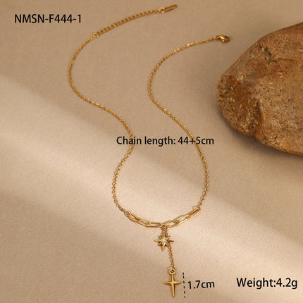 Collier Y Doré Étoile du Nord & Croix Pendante – Acier Inoxydable Zircon