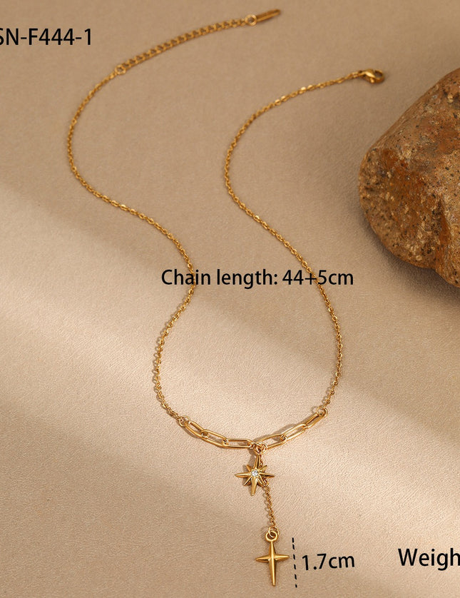 Collier Y Doré Étoile du Nord & Croix Pendante – Acier Inoxydable Zircon