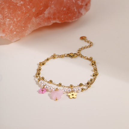 Bracelet Bohème Multirangs en Pierre Naturelle & Breloques – Chaîne Dorée 18K