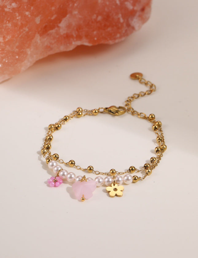 Bracelet Bohème Multirangs en Pierre Naturelle & Breloques – Chaîne Dorée 18K