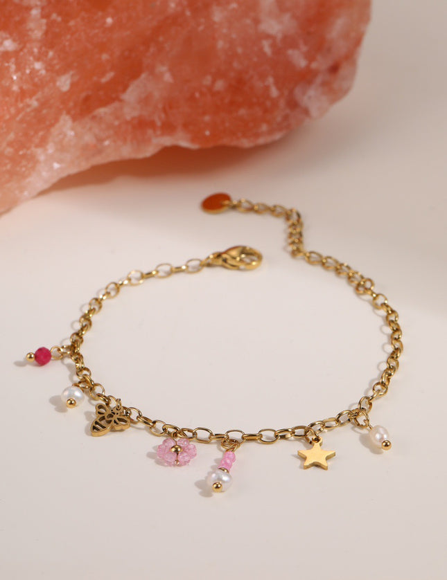 Bracelet Bohème Multirangs en Pierre Naturelle & Breloques – Chaîne Dorée 18K